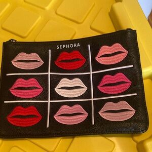 Sephora Black Cosmetic Pouch with Embroidered Lip Grid